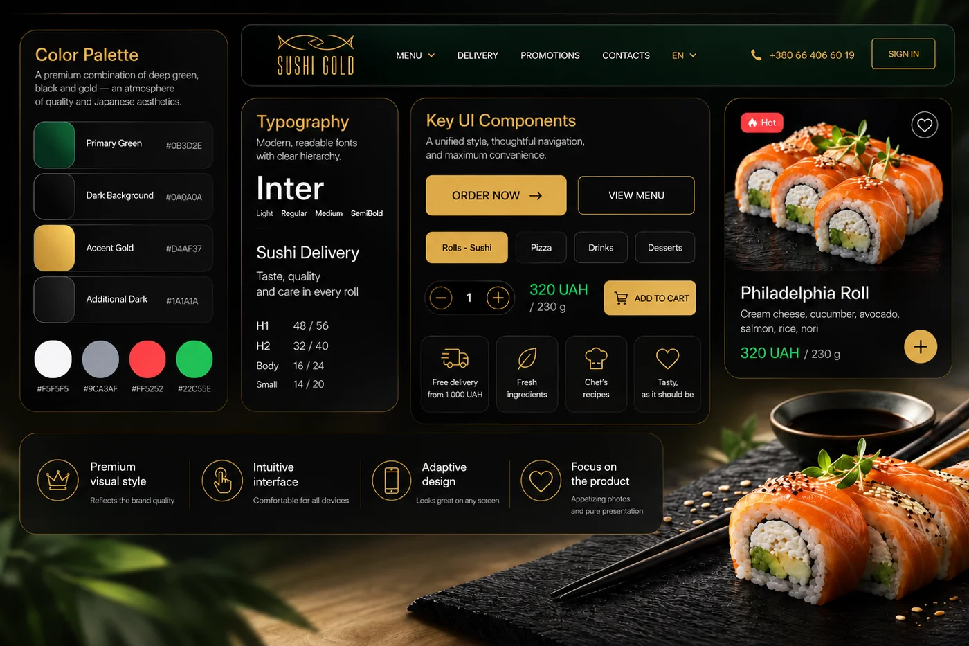 Sushi Gold — UI system: colour palette, typography and key components