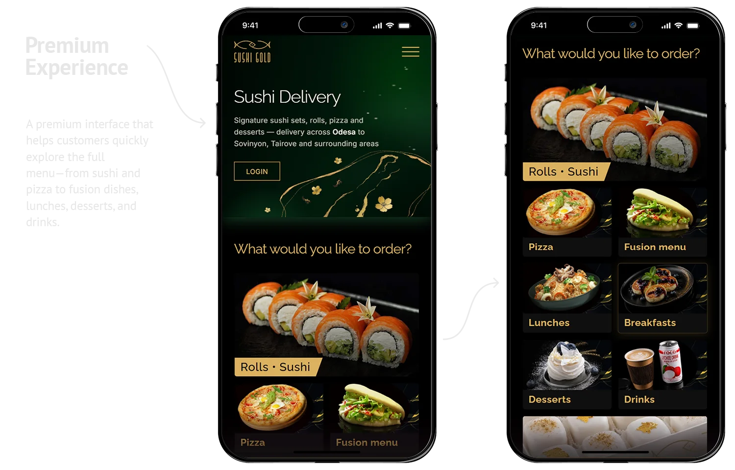 Sushi Gold on mobile — the delivery homepage and the category grid covering sushi, pizza, fusion, lunches, desserts and drinks