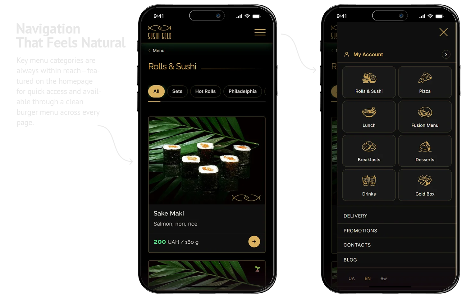 Sushi Gold on mobile — the Rolls & Sushi category with its filter row, and the burger menu holding every category, language and account link