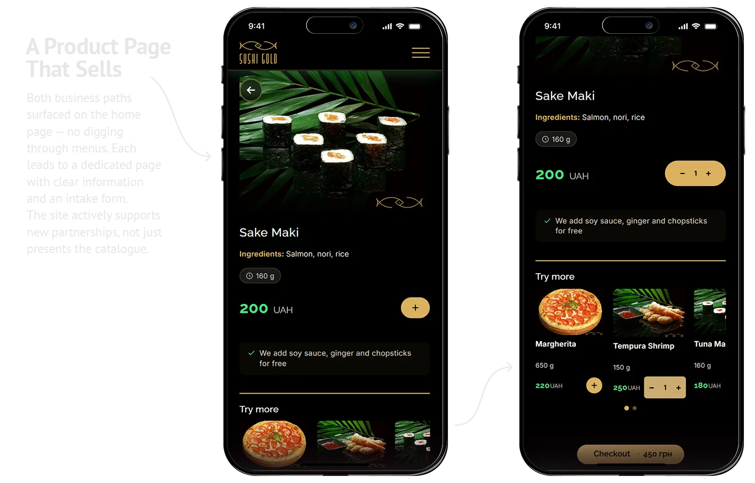 Sushi Gold on mobile — a product page with ingredients, weight, price and quantity stepper, followed by a 'Try more' row and the checkout bar