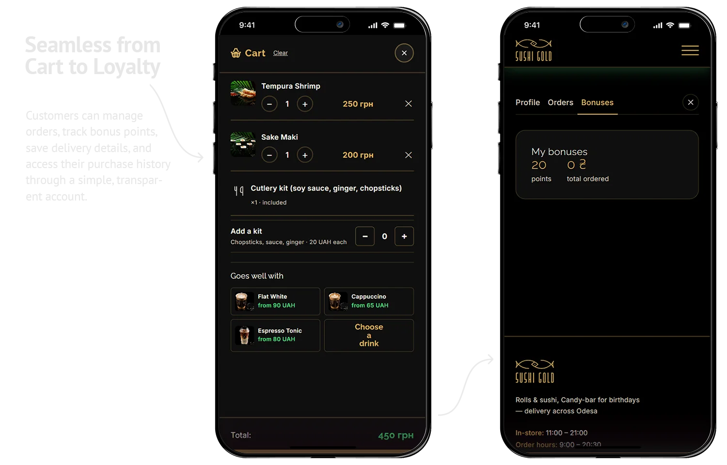 Sushi Gold on mobile — the cart with items, cutlery kit and add-on drinks, and the account screen showing loyalty bonuses